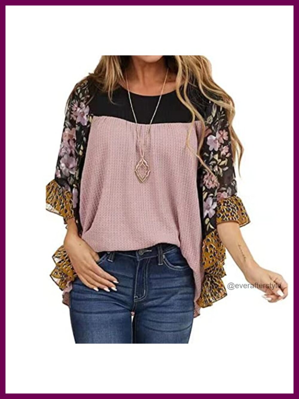 Womens Floral Waffle Knit Batwing 3/4 Sleeve Pullover Blouse Loose Fit